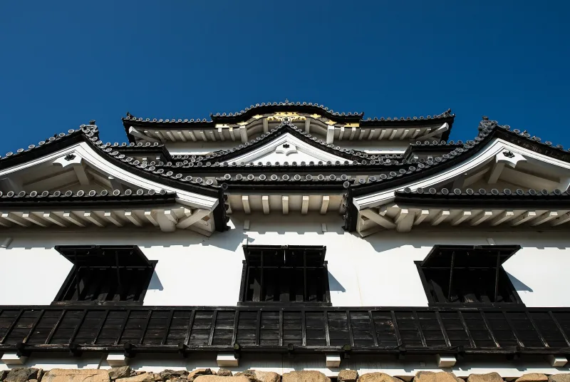 Close view of Hikone Castle's keep with its layered gables and black-framed windows