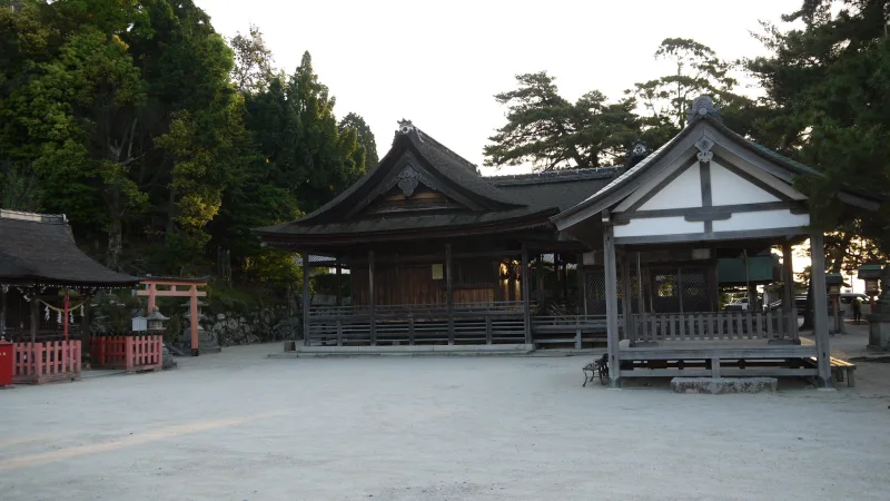 Main hall of Shirahige Shrine with its layered wooden roofs