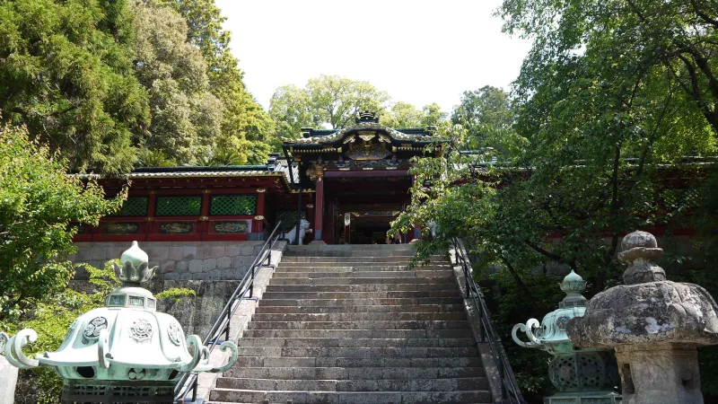 Stone stairs leading up to the red gate and halls of Kunozan Toshogu, flanked by stone lanterns