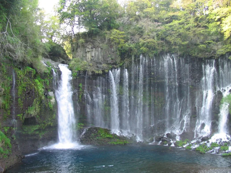 Shiraito Falls in spring green, with a larger fall on the left and a curtain of streams