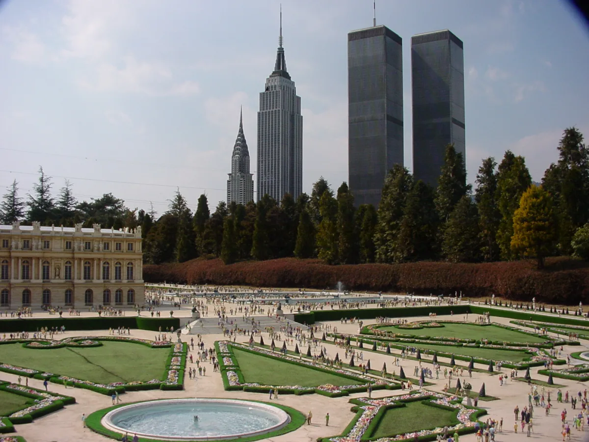 Miniature palace gardens with miniature New York skyscrapers behind, at Tobu World Square