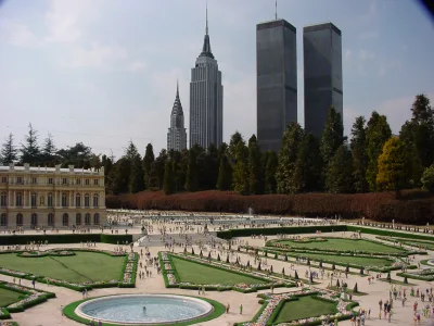 Miniature palace gardens with miniature New York skyscrapers behind, at Tobu World Square