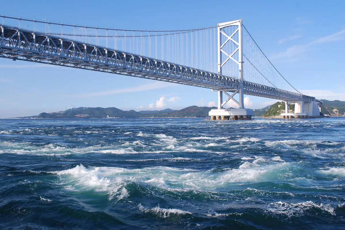 The Onaruto suspension bridge over the swirling, foaming currents of the Naruto Strait
