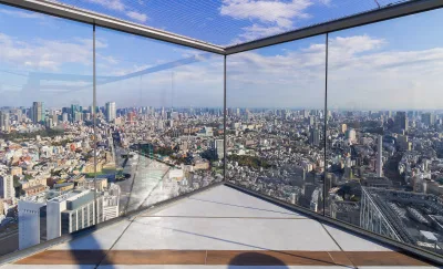 Glass-edged corner of the Shibuya Sky rooftop deck overlooking Tokyo