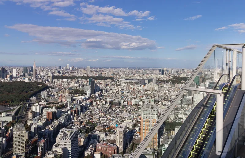 View over Tokyo from the Shibuya Sky rooftop observation deck on a clear day