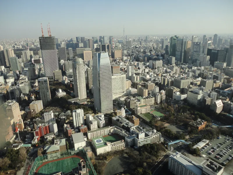 View over Tokyo's skyscrapers and streets from the upper observation deck of Tokyo Tower