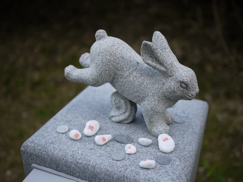 A stone rabbit statue with small white wishing stones placed around it