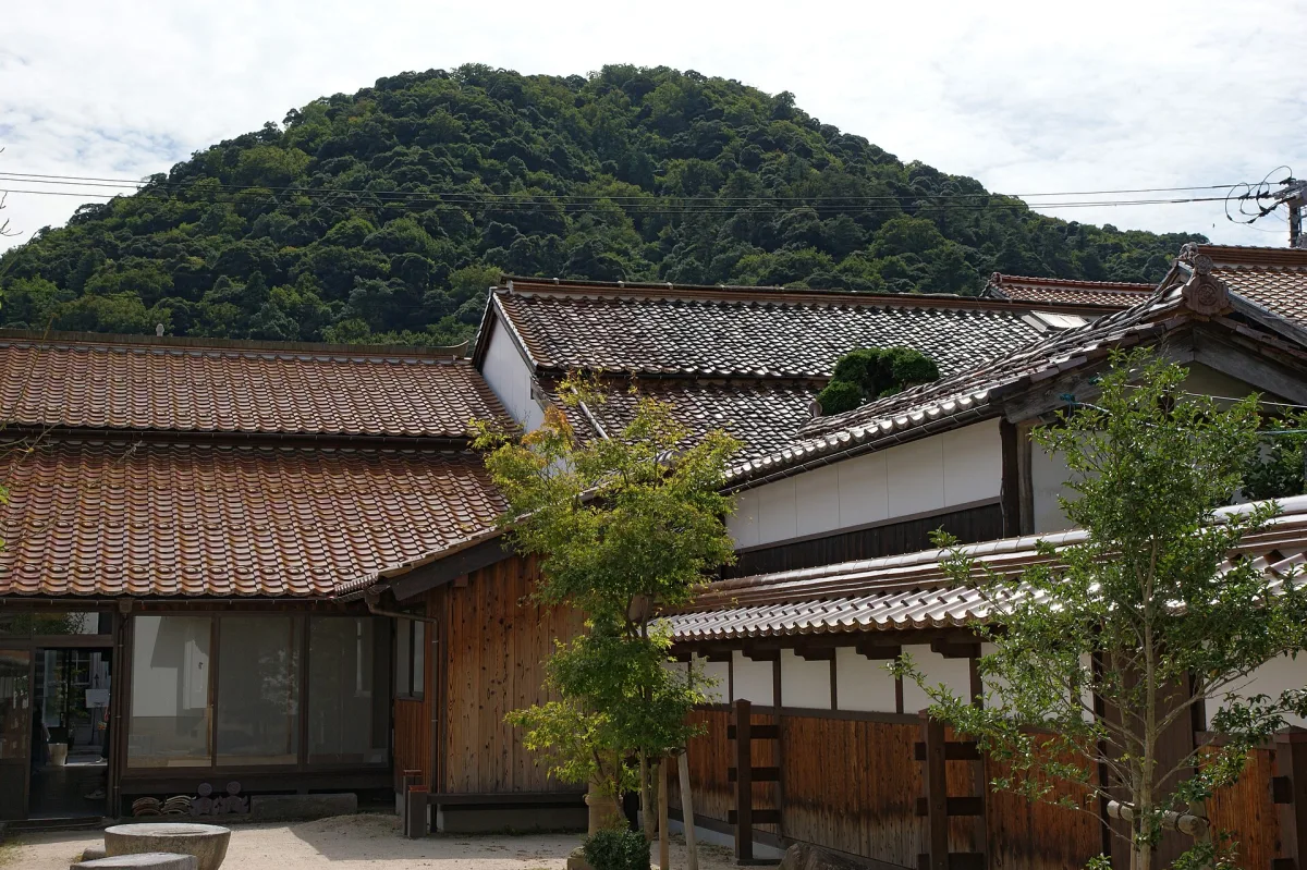 Red-tiled roofs and white-walled storehouses of Kurayoshi with forested Mt. Utsubuki behind