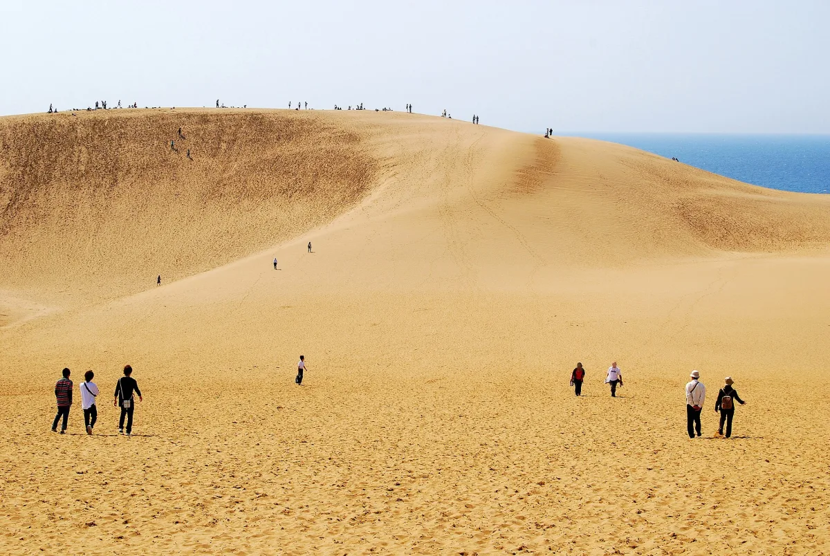 A tall ridge of golden sand with people walking up it and the blue Sea of Japan beyond