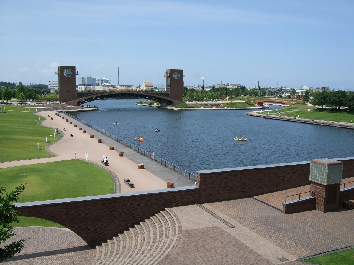 Fugan Canal Kansui Park with its canal basin and the Tenmon Bridge with two observation towers