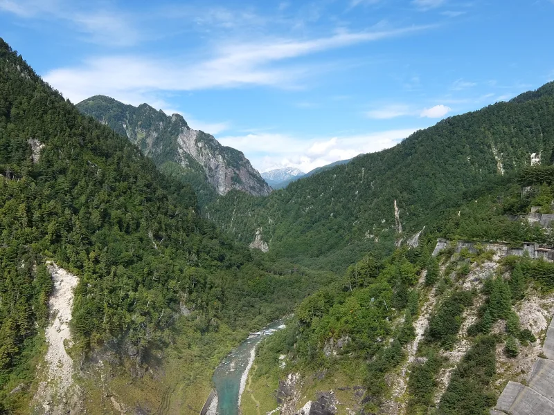 Kurobe Gorge and forested mountains seen from Kurobe Dam in Toyama Prefecture