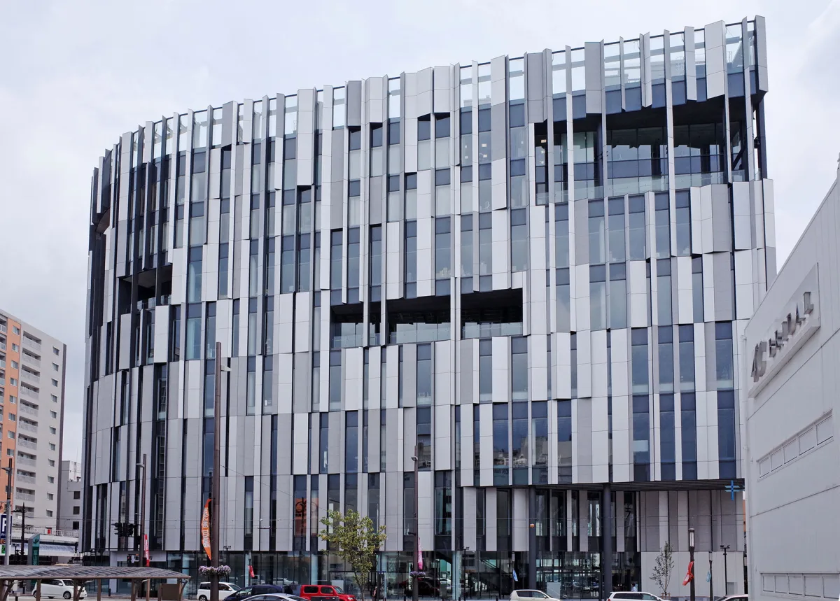 Shimmering facade of the TOYAMA Kirari building that houses the Toyama Glass Art Museum