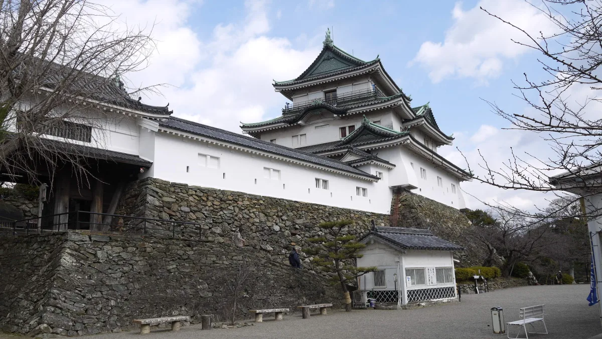 The white three-tiered keep of Wakayama Castle above white walls and stone ramparts