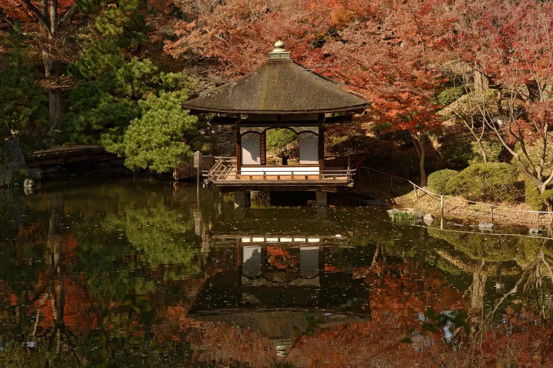 A small pavilion reflected in a pond among red autumn leaves in Momijidani Garden