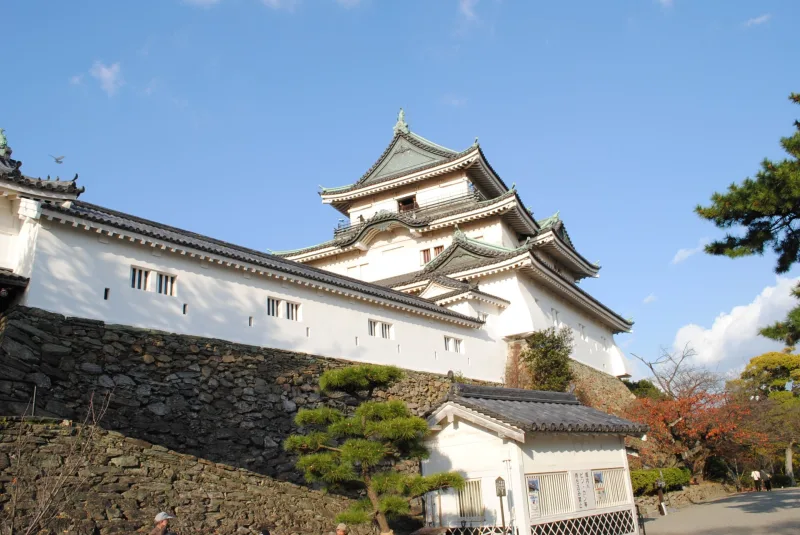 Wakayama Castle keep and connected turrets on high stone walls under a blue sky