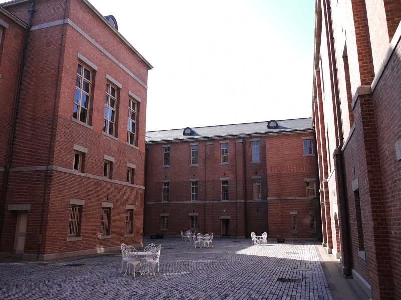 Red-brick inner courtyard of Bunshokan in Yamagata