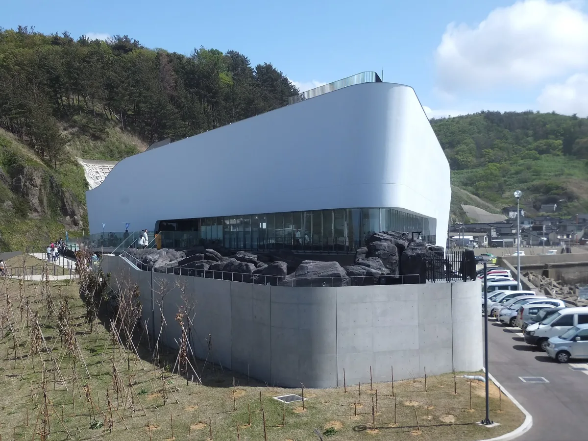 White modern building of Kamo Aquarium on the Sea of Japan coast in Tsuruoka