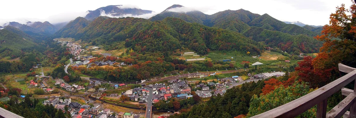 Autumn panorama of the Yamadera village and mountains seen from the Godaido hall