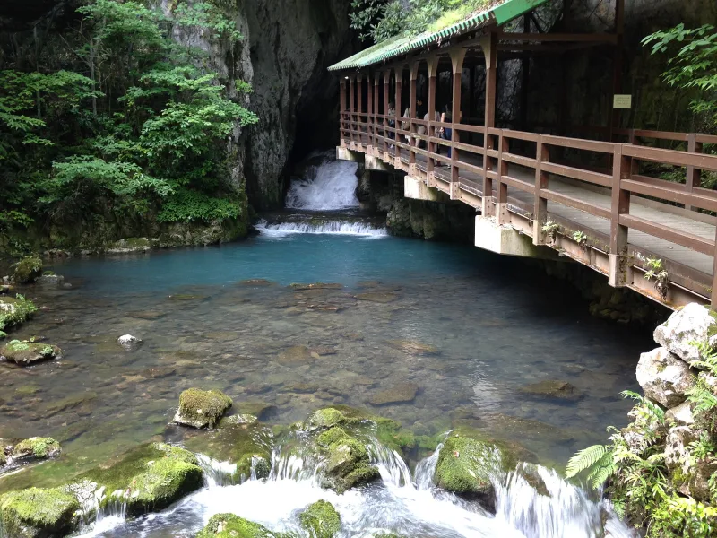 Blue river flowing out of the rocky entrance of Akiyoshido Cave beside a wooden walkway
