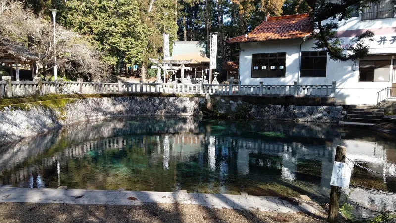 Beppu Benten Pond in front of the buildings of Beppu Itsukushima Shrine
