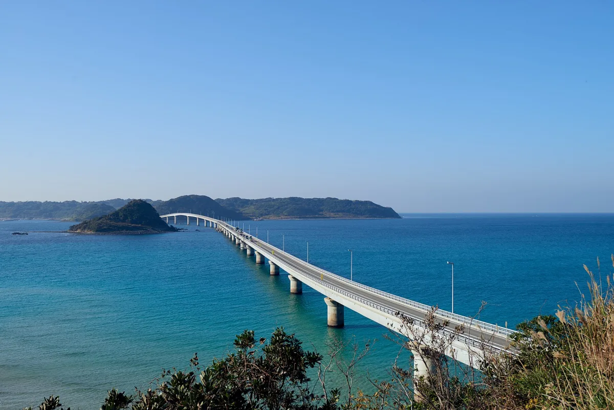 Tsunoshima Bridge curving across turquoise sea toward Tsunoshima island, seen from the mainland hillside