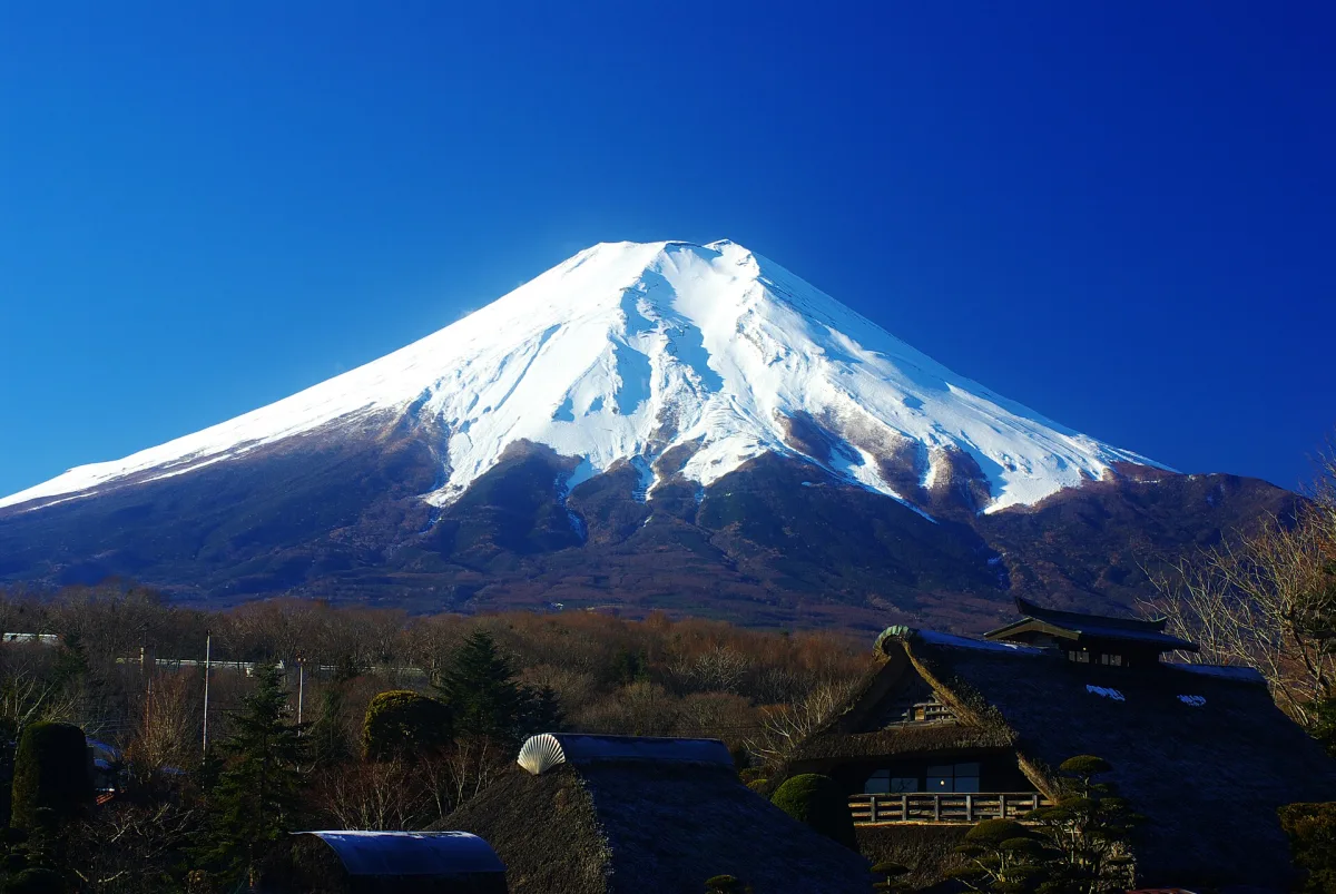 Snow-capped Mount Fuji under a deep blue sky, seen from Oshino Hakkai in winter