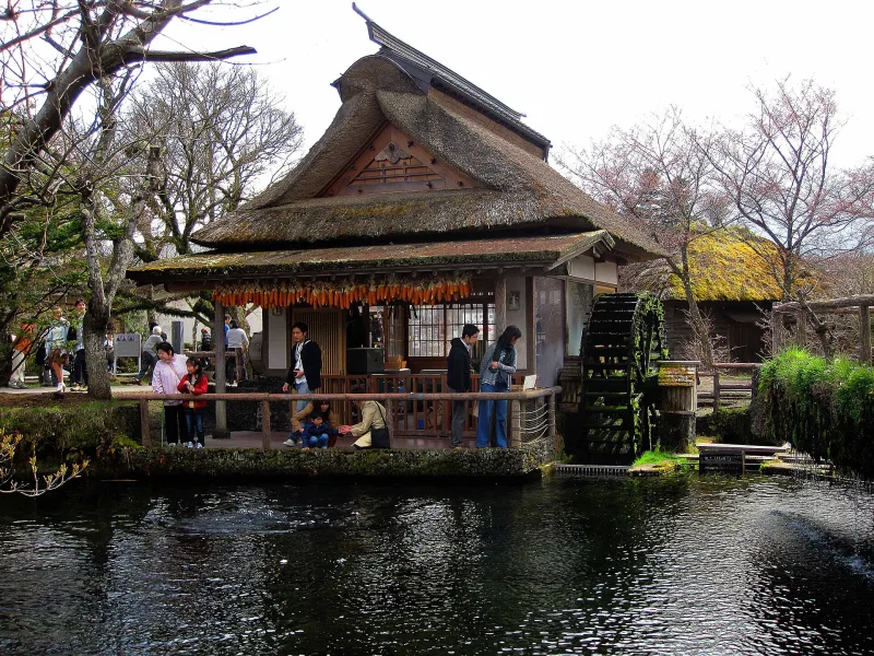 Thatched-roof building with a water wheel beside a clear pond at Oshino Hakkai